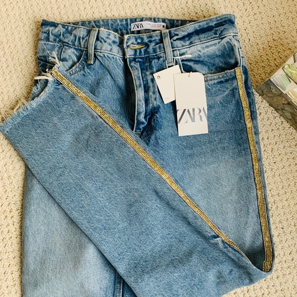 Zara mom fit gold beaded jeans. - Picture 3 of 6
